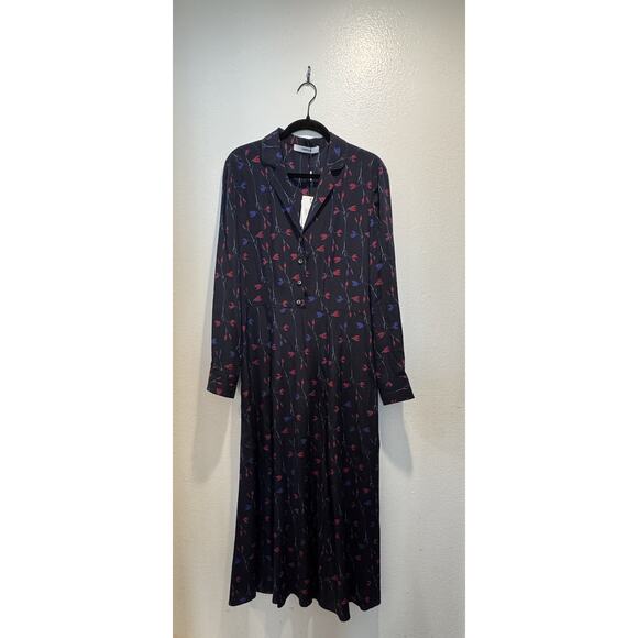 Thakoon Shirt Dress Women’s Size 10 Navy Print 100% Silk Midi Long Sleeve Tulip - Picture 1 of 9